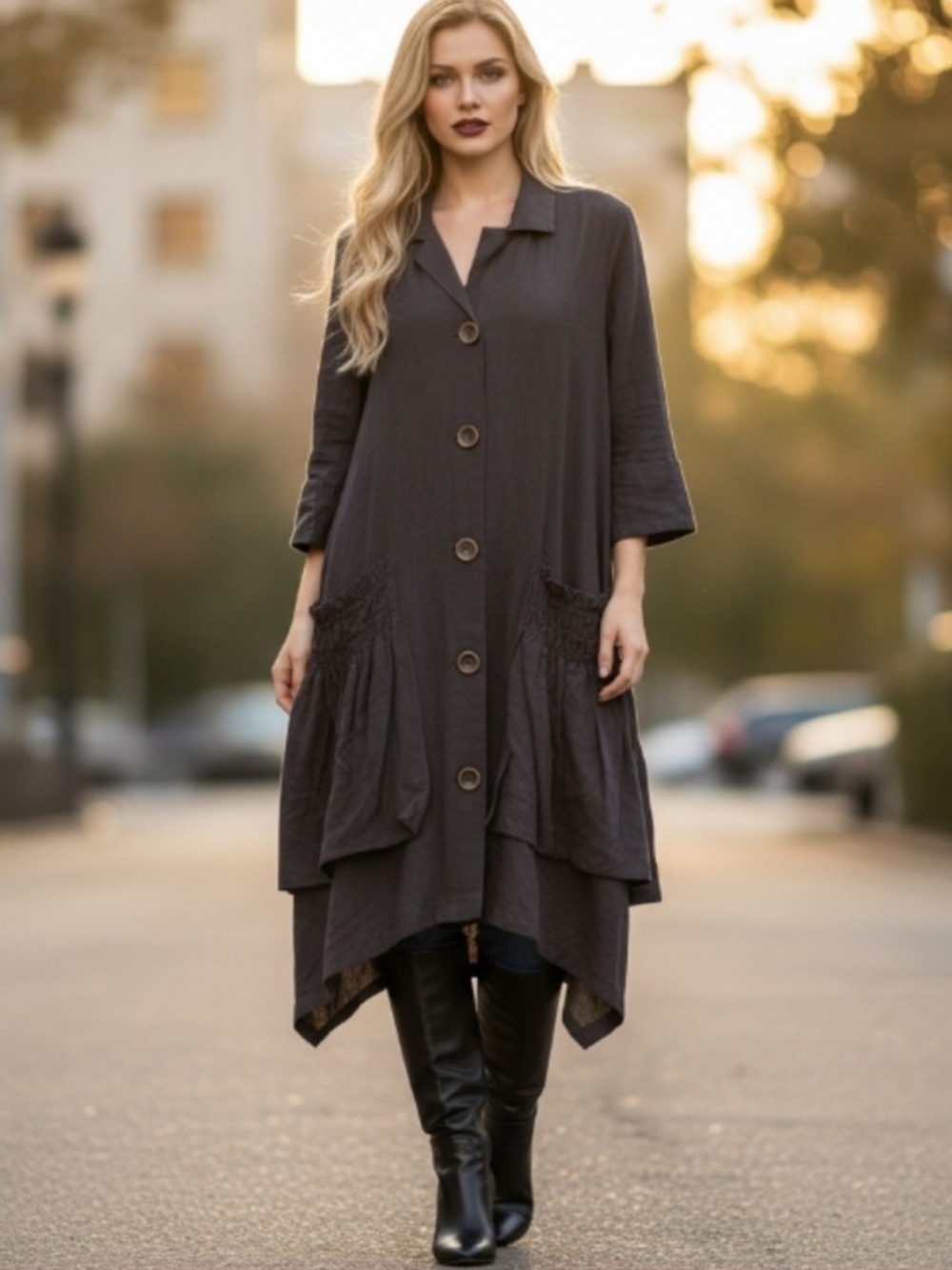FOR CYNTHIA BOHO LANGELOOK ASYMMETRICAL LINEN BLEND CHARCOAL GREY DRESS